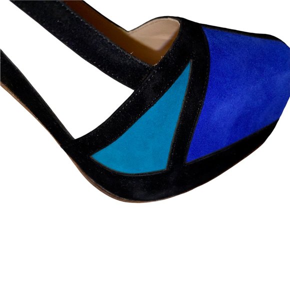 New Aperlai Geisha Mondrian Blue Suede Platform Heels Pumps Sz 38.5 Designer - Picture 8 of 13